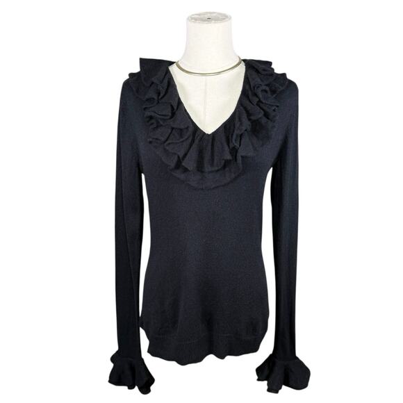 Lauren Ralph Lauren Silk Cashmere Ruffle Neck Sweater Witchy Boho Black Medium - Picture 2 of 10